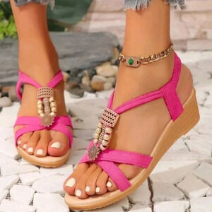 Women's Style Beaded Mid-Heel Sandals With Peep Toe And Wedge Heel, Black Color